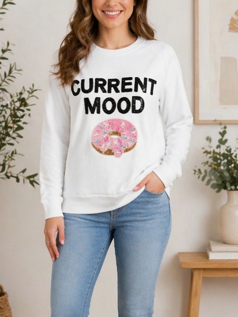 Bow & Drape White 'Current Mood' Graphic Sweatshirt with Donut Accent